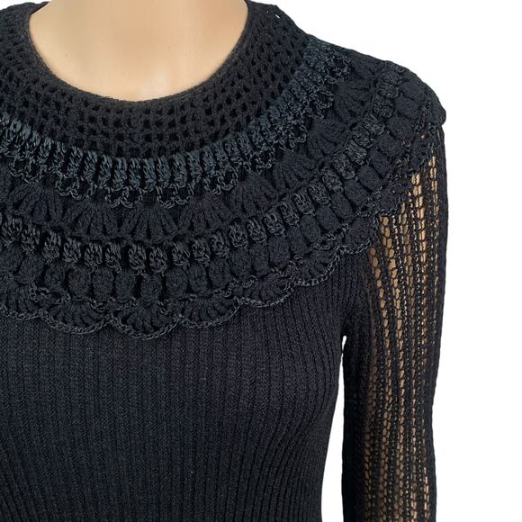 Vtg 60s Nina Spain Black Gothic Lolita Crochet Collared Knit Midi Dress SZ M/L - Picture 4 of 11